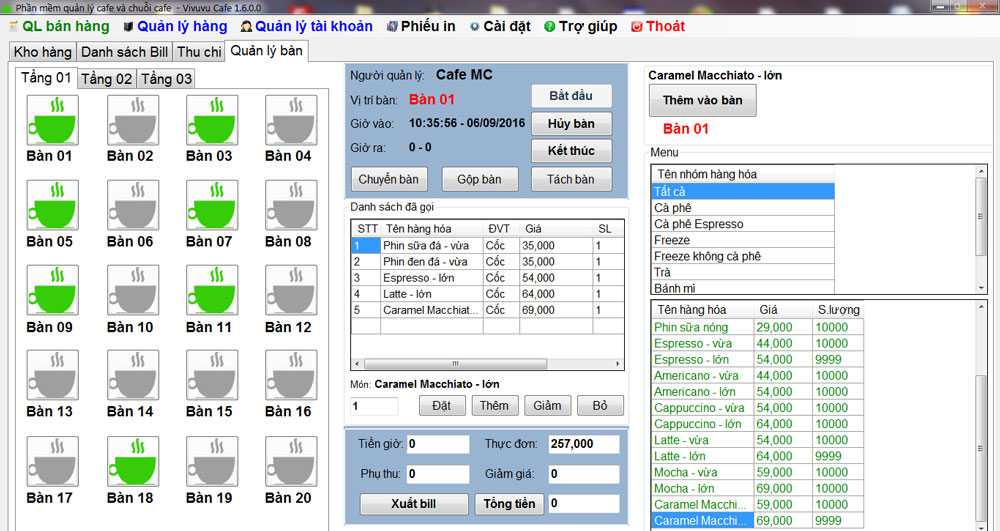 Phần mềm quản lý cafe và chuỗi cafe Vivuvu Cafe